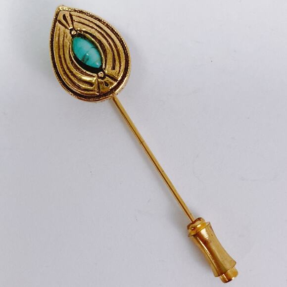 VTG 1970s Gold Tone Stick Pin With Turquoise Glass Cabochon Mid Century Revival - Picture 4 of 10